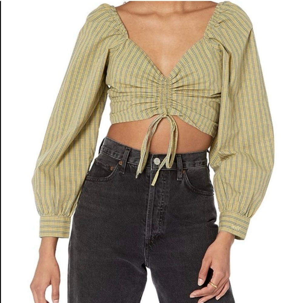 Levi's Zelda Plaid crop top cuffed sleeves drawstring blouse small green & blue